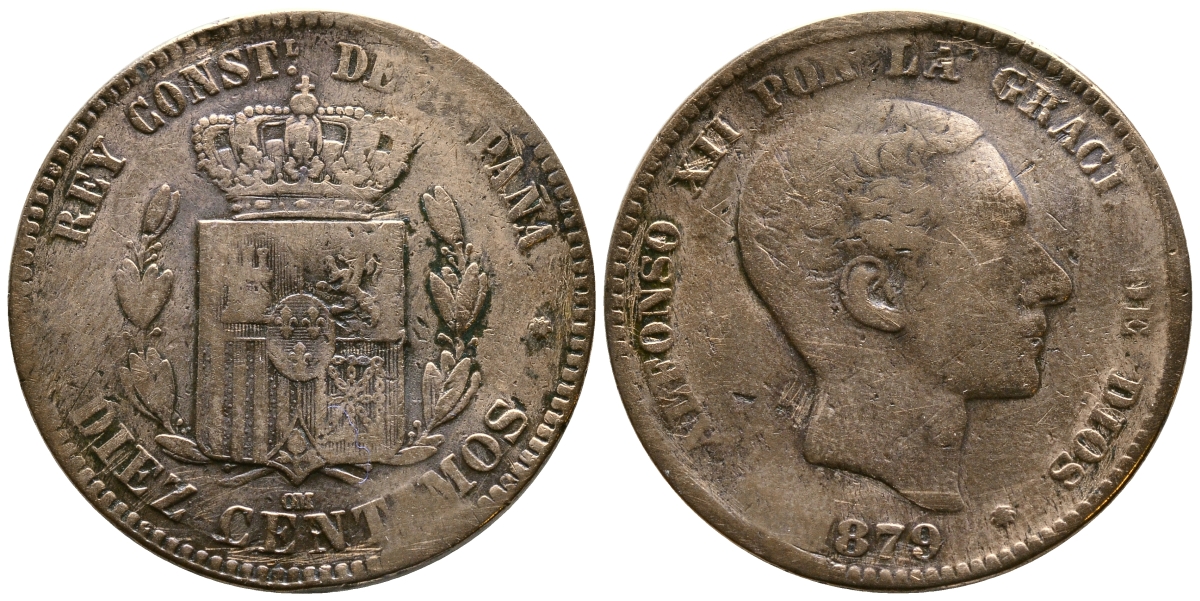 ИСПАНИЯ 10 СЕНТИМО 1879 OM, АЛЬФОНСО XII (1874-1885) KM 675 (Y70) бронза 4384-1021