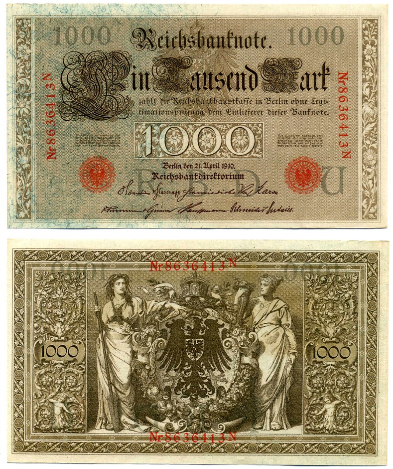 Германия 1000 марок 1910 21 апреля 1910, буква U, номер семизначный, серия N, выпуск (10.1922) Pick 44b, Розенберг 45с бумага 8618-21-1-2