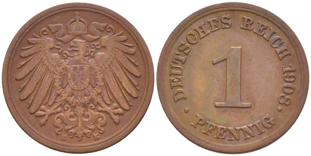 ГЕРМАНИЯ 1 ПФЕННИГ 1908 E KM 10, J. 10, Weege 2 медь 211-367