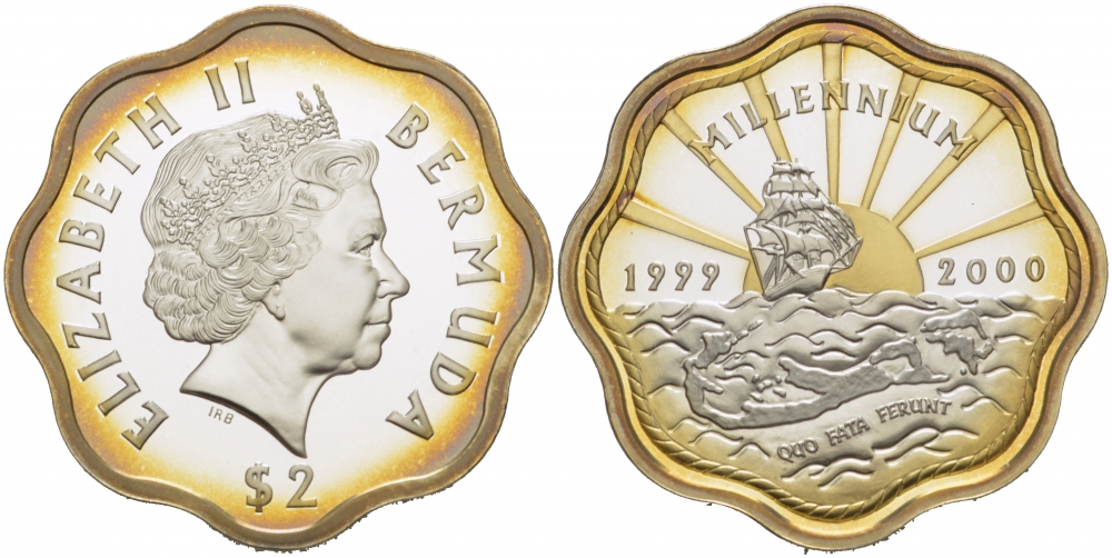 Бермудские острова 2 доллара 1999-2000 миллениум, монета необычной формы, позолота KM 116 серебро  PROOF  11-041-33