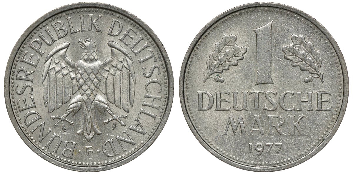 ФРГ 1 МАРКА 1977 F J 385, KM 110 медно-никель aUNC 72-855