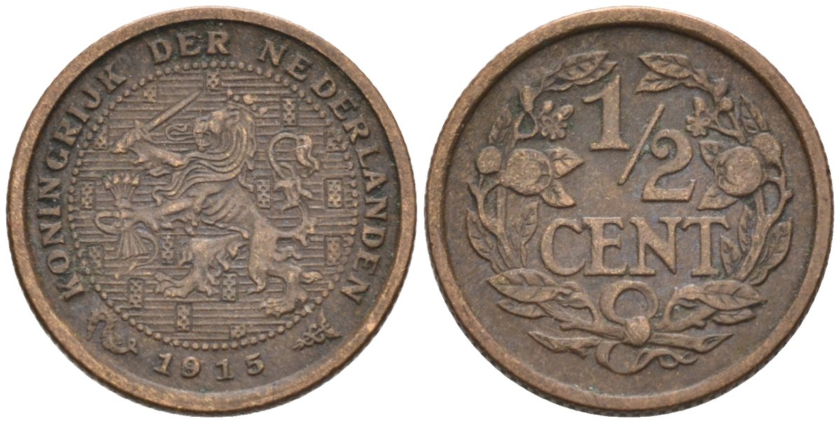 Нидерланды 1/2 цента 1915 Вильгельмина (1890-1948) KM 138 бронза 4576-361