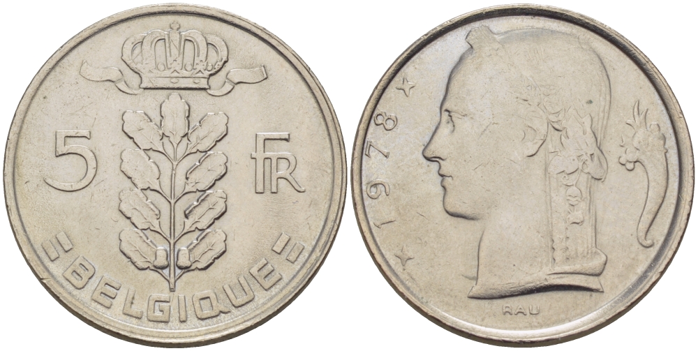 БЕЛЬГИЯ 5 ФРАНКОВ 1978 BELGIQUE KM 134.1 медно-никель 67-637
