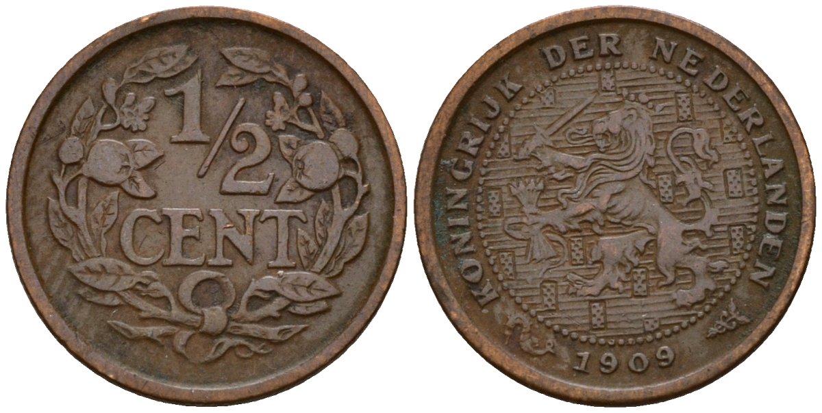 Нидерланды 1/2 цента 1909 Вильгельмина (1890-1948) KM 138 бронза 4169-1221