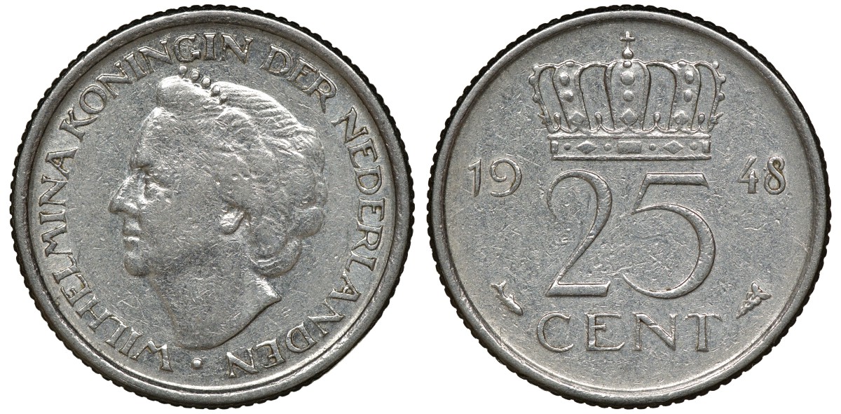 НИДЕРЛАНДЫ 25 ЦЕНТОВ 1948 ВИЛЬГЕЛЬМИНА KM 178 никель 72-1717