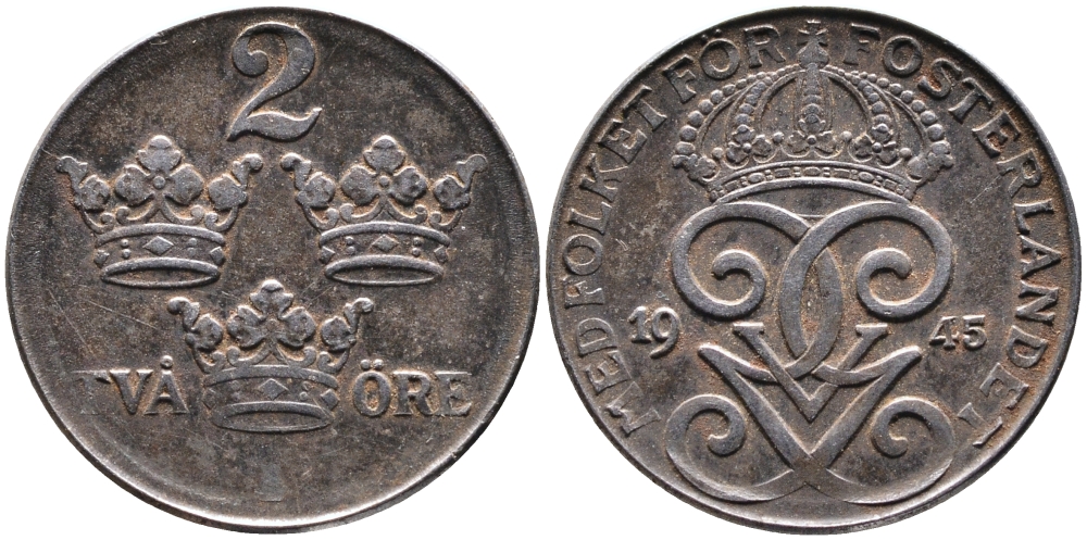 Швеция 2 эре 1945 Густав V (1907-1950) KM 811 железо 4388-1122