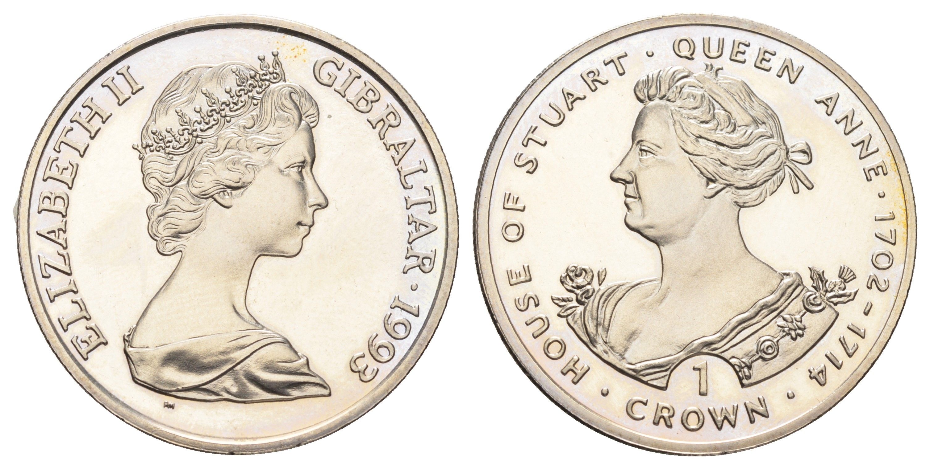 Гибралтар 1 крона 1993 Династия Стюартов - Королева Анна KM 132 медно-никель BU 00-00