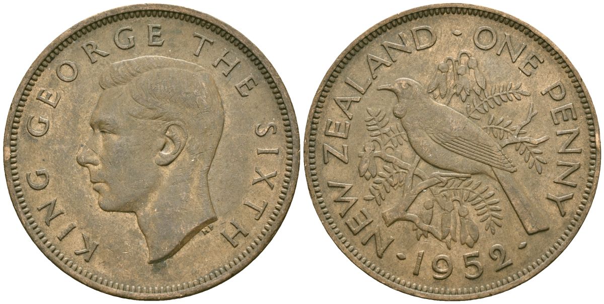 Новая Зеландия 1 пенни 1952 Георг VI (1936-1952), новозеландский туи KM 21 бронза 4120-112