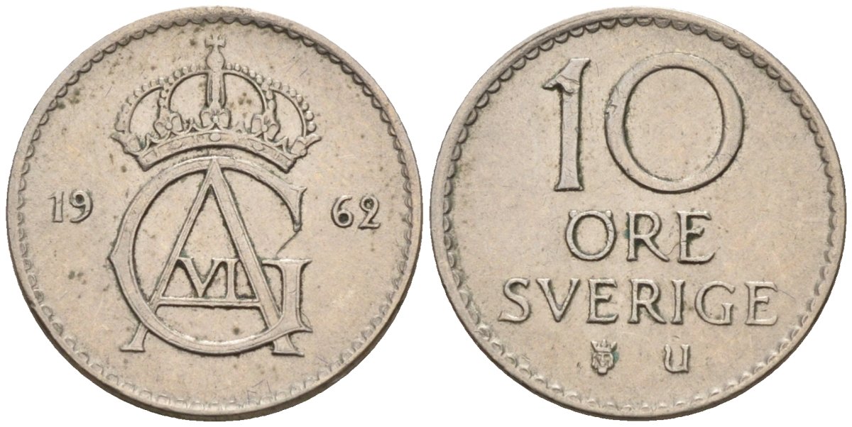 Швеция 10 эре 1962 Густав VI Адольф (1950-1973) KM 835 медно-никель 4585-363