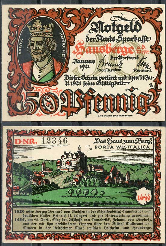 Германия, Хаусберге 50 пфеннигов 1921 нотгельд, историческая серия, Генрих II Grabowski 585.1.a  бумага  UNC (пресс) 444-91-2-2