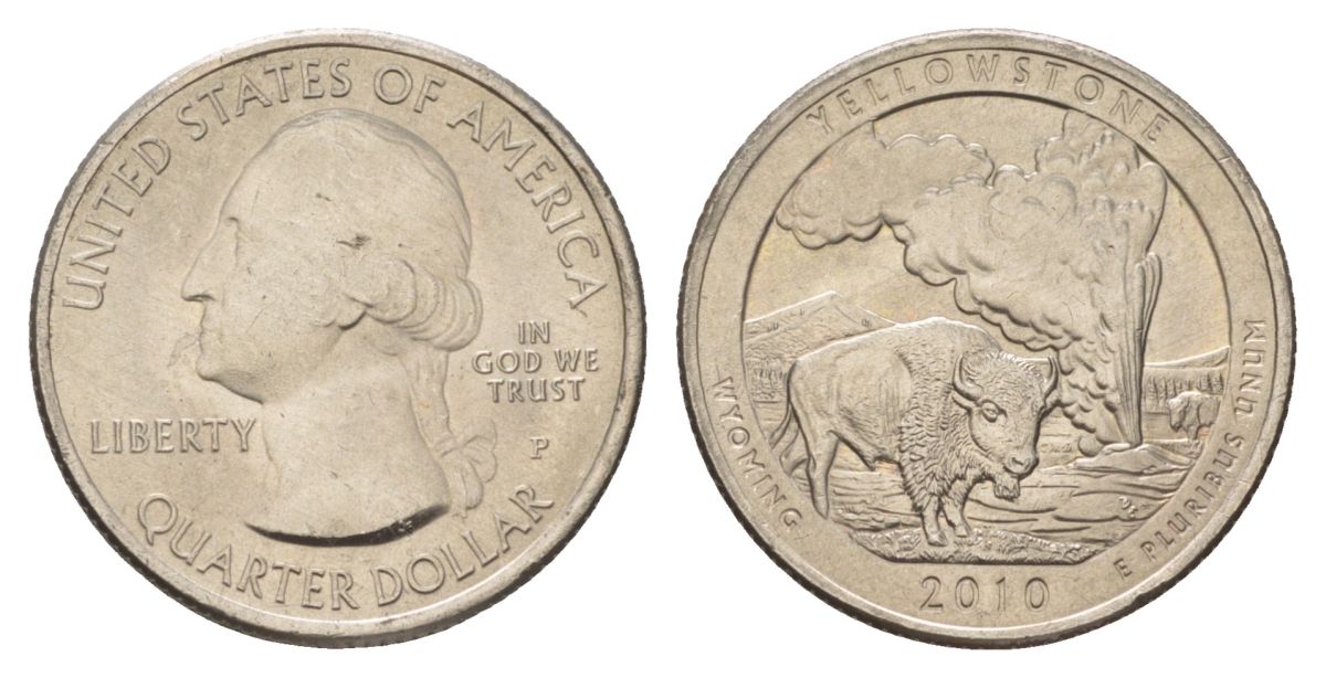 США 25 центов (квотер, 1/4 доллара) 2010 P, Квотеры «Парки США» - Национальный парк Йеллоустоун KM 470 медь плакированный медно-никелем UNC 4629-215