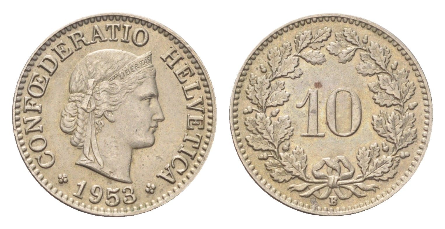 Швейцария 10 раппенов 1953 B KM 27 медно-никель 4708-166
