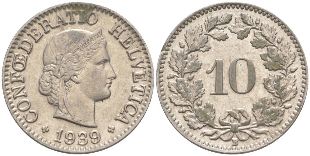 Швейцария 10 раппенов 1939 B KM 27b никель     201-431