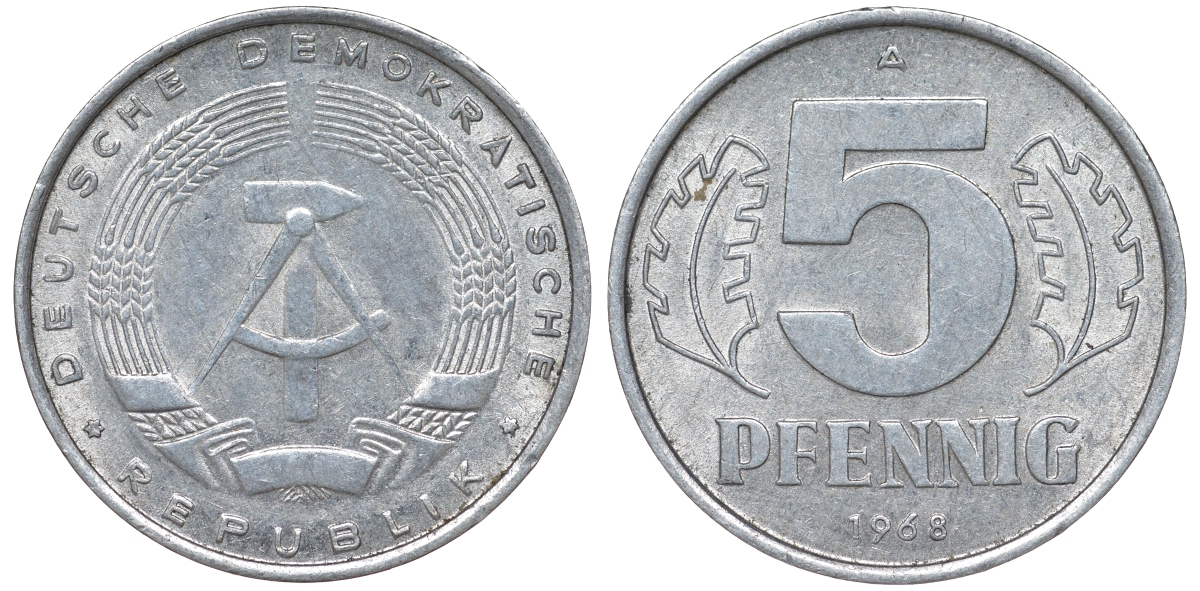 ГДР 5 ПФЕННИГОВ 1968 A KM 9.1 алюминий UNC 62-226