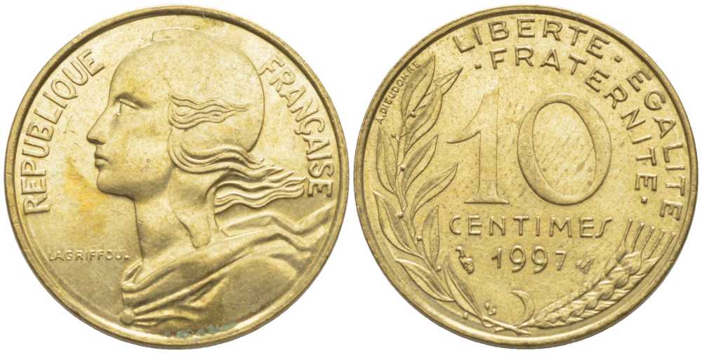 ФРАНЦИЯ 10 САНТИМОВ 1997 ТИП MARIANNE KM 929, LE FRANC 144.41 медь алюминий никель 116-434