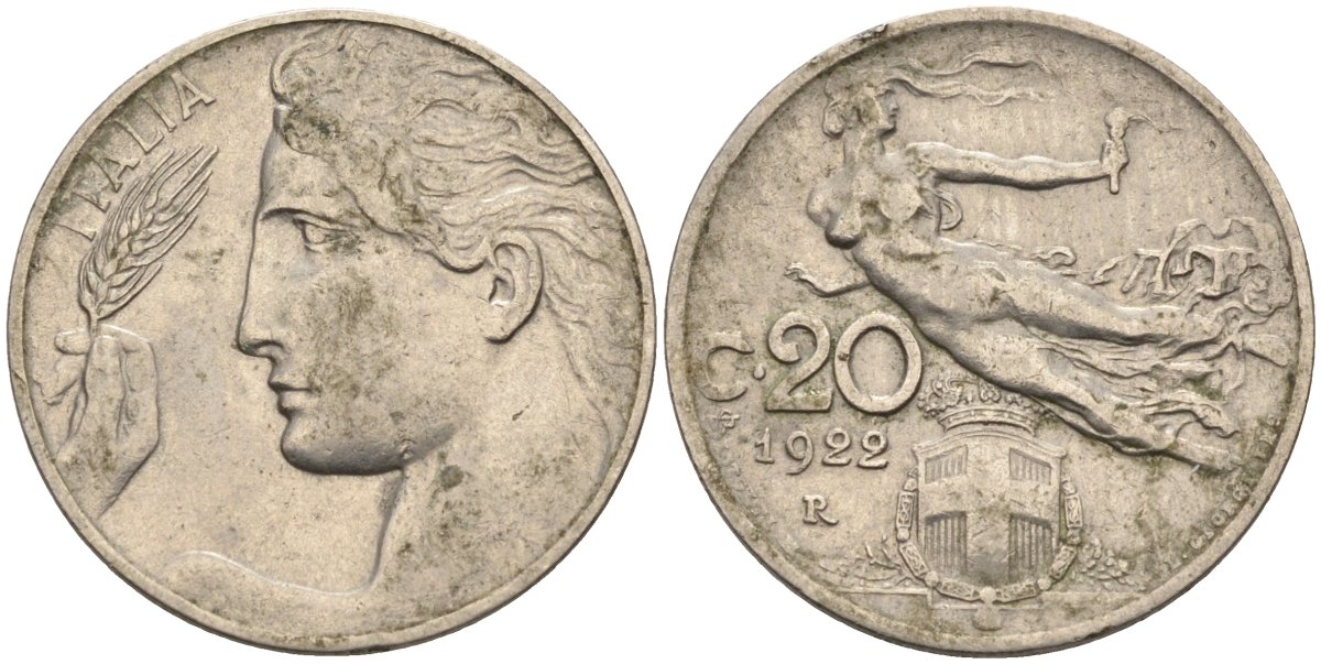 Италия 20 чентезимо 1922 R, Виктор Эммануил (1900-1946) KM 44 никель 4116-1256