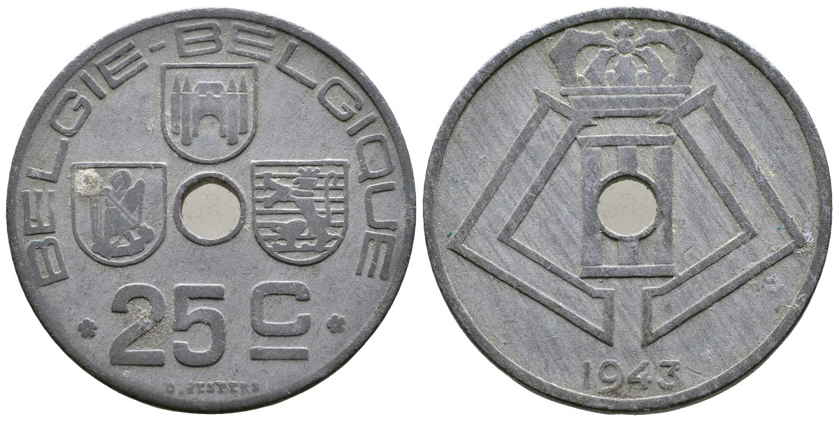 БЕЛЬГИЯ 25 САНТИМОВ 1943 BELGIE-BELGIQUE, ГЕРМАНСКАЯ ОККУПАЦИЯ, ВТОРАЯ МИРОВАЯ ВОЙНА KM 132 цинк 4379-124