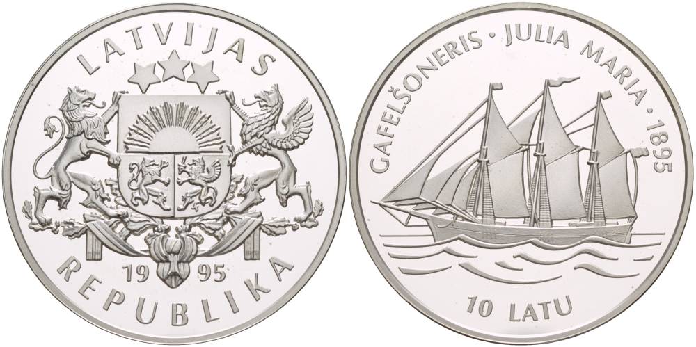 ЛАТВИЯ 10 ЛАТОВ 1995 ПАРУСНИК "JULIA MARIA", ПРОБА 925, ВЕС 31,47 ГР., ТИРАЖ 20000 ЭКЗ. KM 252 серебро PROOF 1081-7-13