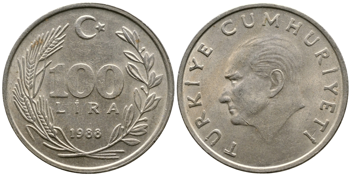 ТУРЦИЯ 100 ЛИР 1988 KM 967 медь никель цинк 3334-325