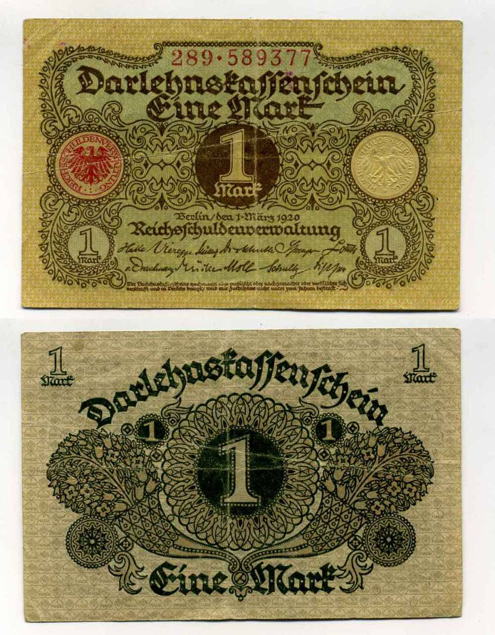 ГЕРМАНИЯ 1 МАРКА 1920 1 МАРТА 1920, ВЕЙМАРСКАЯ РЕСПУБЛИКА Pick 58 бумага 8564-28-1-2