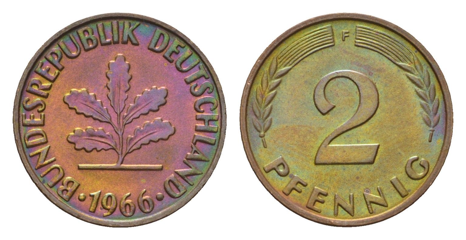 ФРГ 2 пфеннига 1966 F KM 106, J. 381 бронза 4124-731
