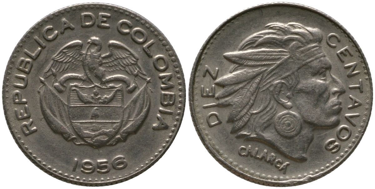 Колумбия 10 сентаво 1956 KM 212.2, Restrepo 380.6 медно-никель 4576-1016