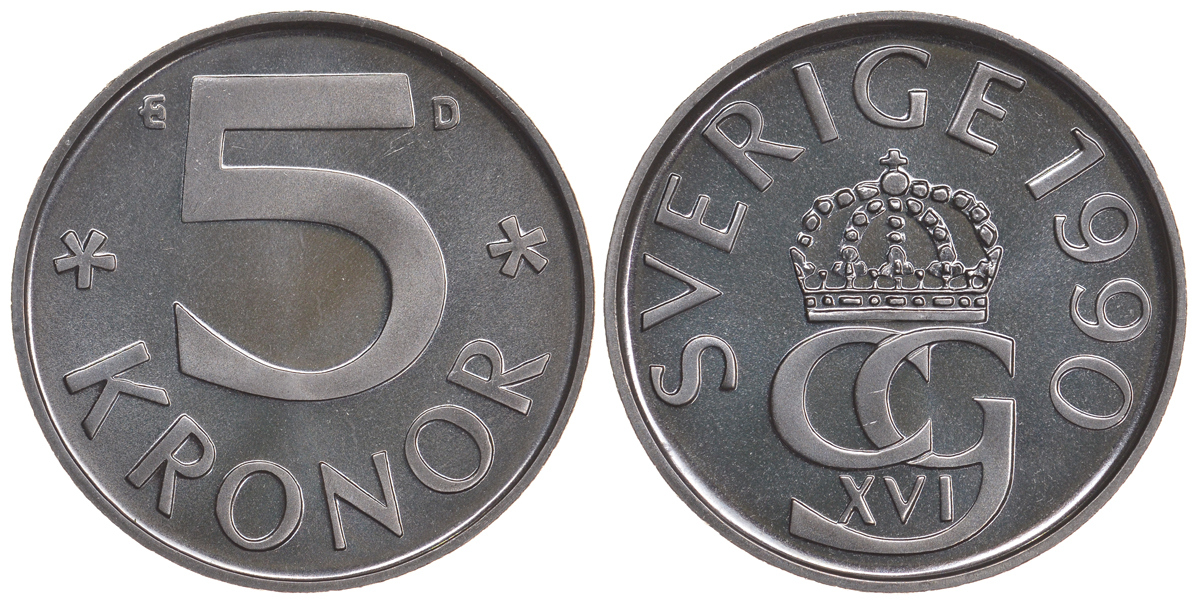 Швеция 5 крон 1990 D, Карл XVI Густав (1973- ) KM 853 медно-никель BUNC 41-335
