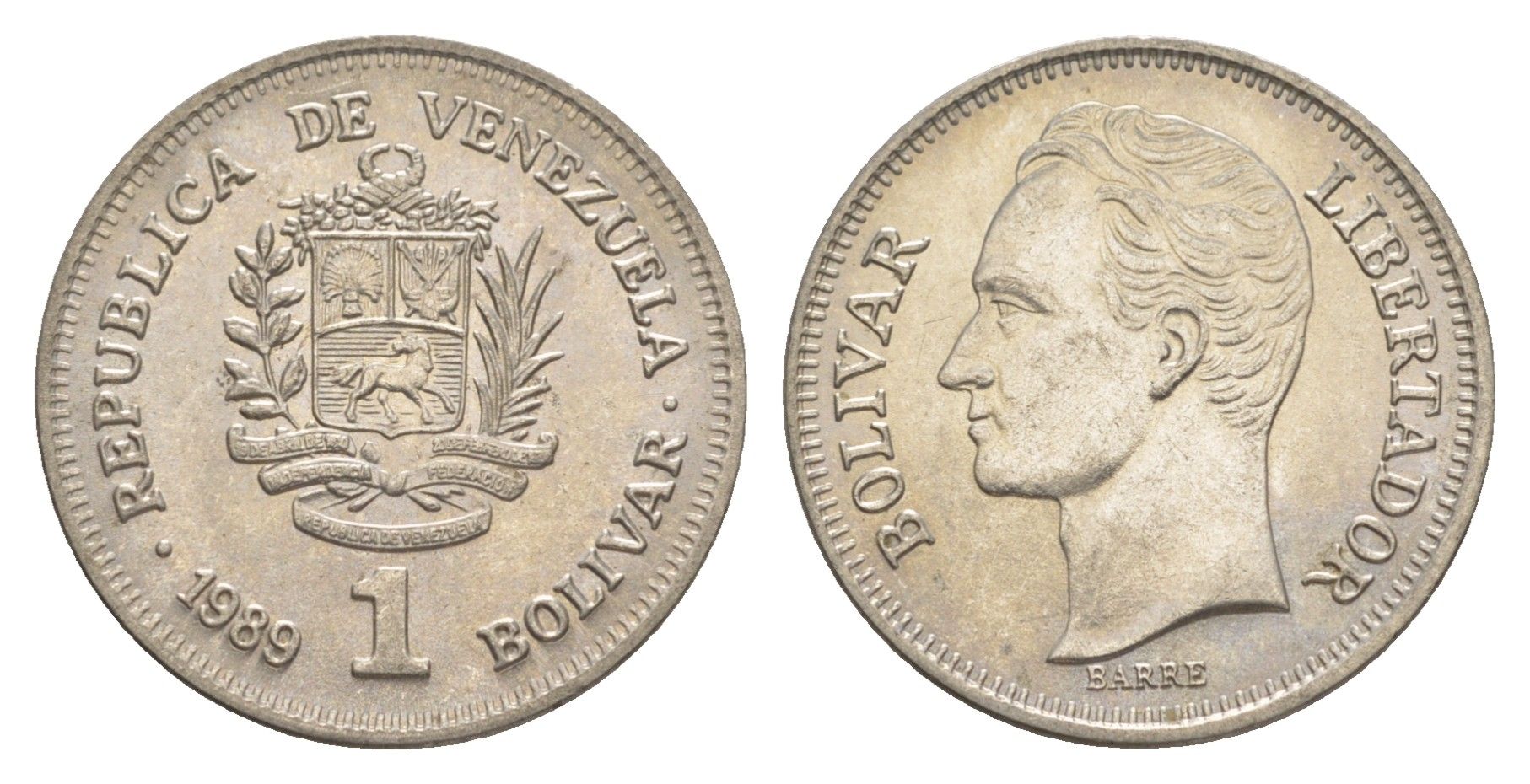 Венесуэла 1 боливар 1989 Симон Боливар, тонкий шрифт Y 52a.1 сталь плакированная никелем 4589-451