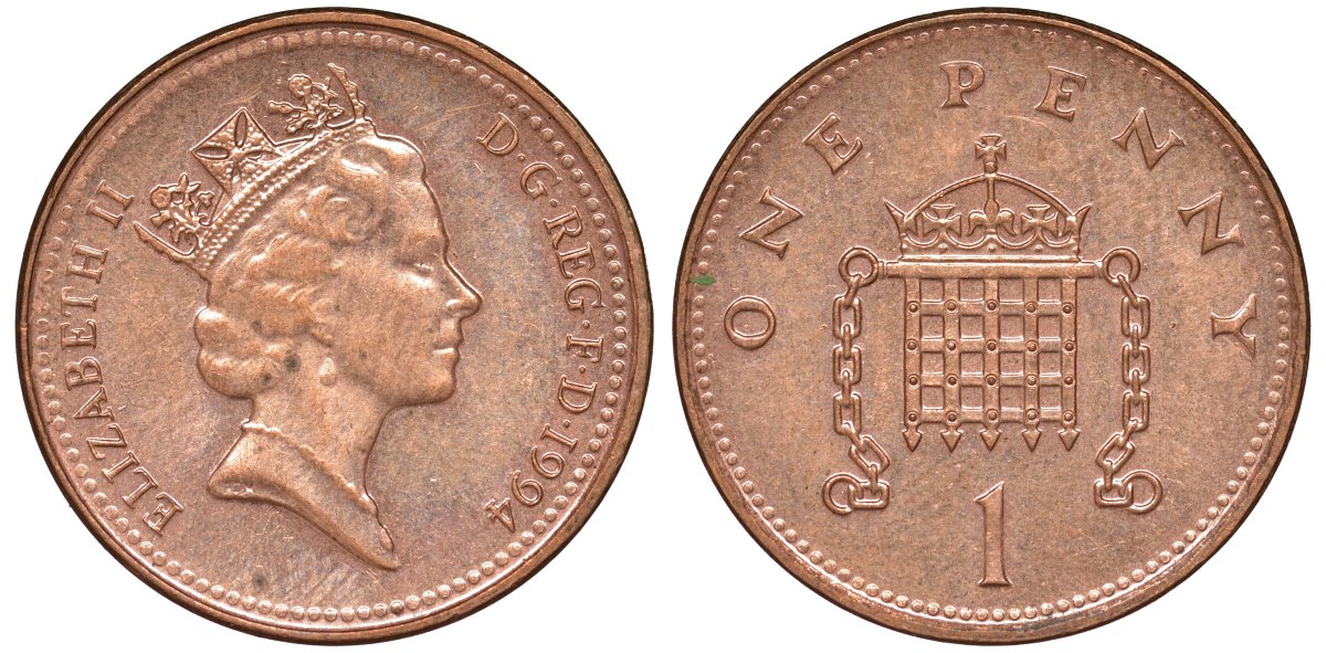 Великобритания 1 пенни 1994 Елизавета II (1952-2022) KM 935a, Spink 4391 (B4) сталь плакированная медью 51-2431