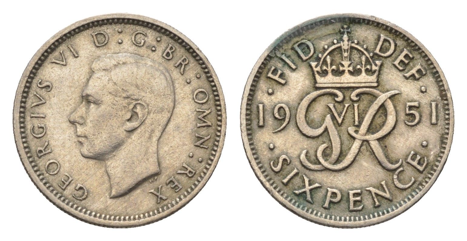 Великобритания 6 пенсов 1951 Георг VI (1936-1952) KM 875, Spink 4110 медно-никель 4696-817