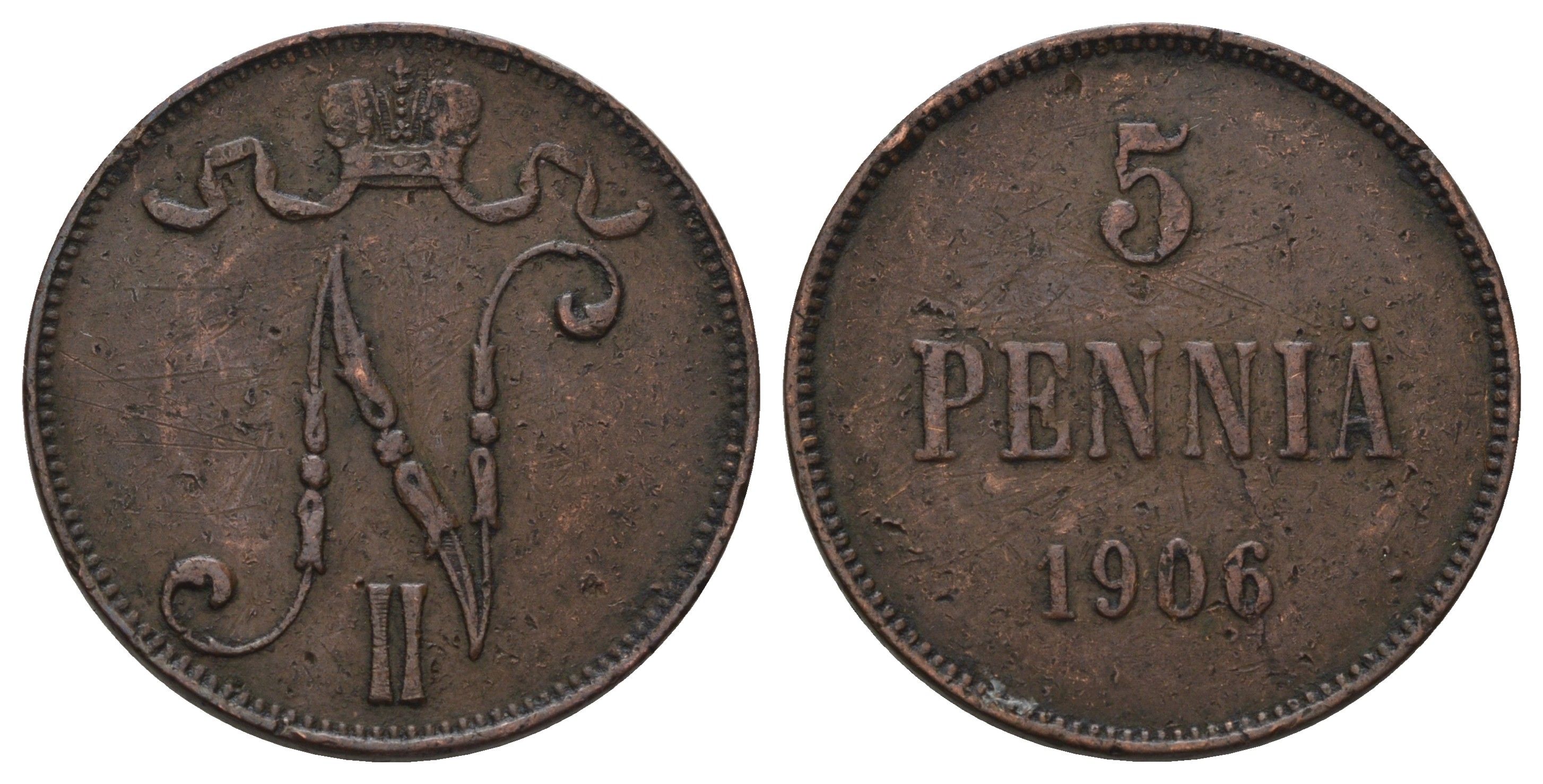 Россия для Финляндии 5 пенни 1906 Николай II (1894-1917) Биткин 447 медь 4128-345