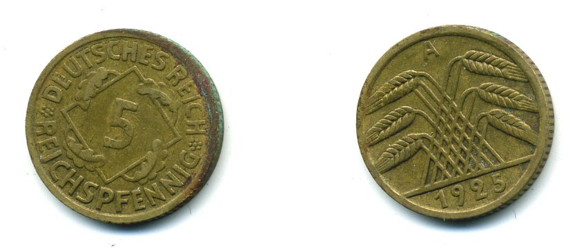 Германия 5 рейхспфеннигов 1925 A KM 39, J. 316, Weege 7 алюминиевая бронза 54-429