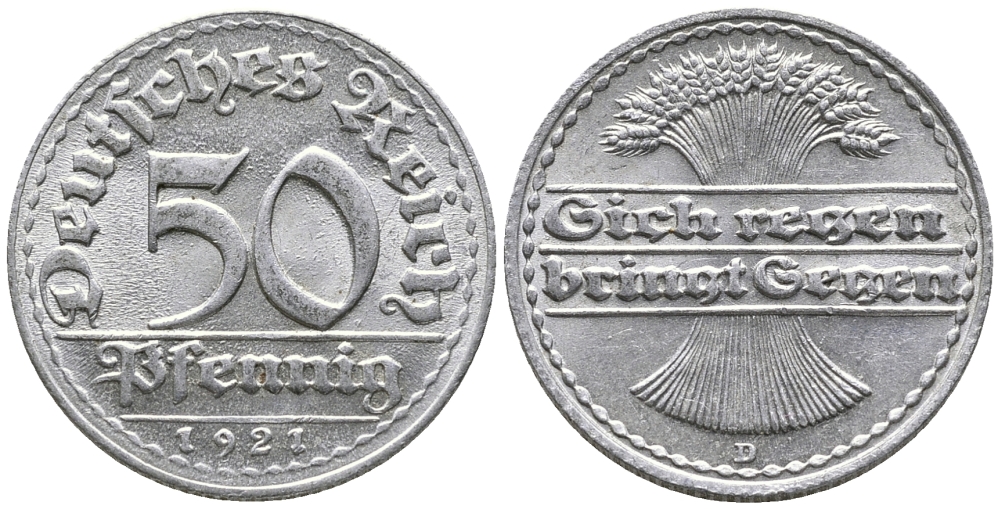 ГЕРМАНИЯ 50 ПФЕННИГОВ 1921 D KM 27, J. 301 алюминий 24-1022