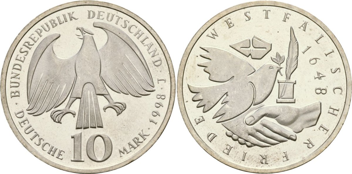 ФРГ 10 марок 1998 D, 350 лет Вестфальскому мирному договору KM 191 серебро UNC 02-222-34
