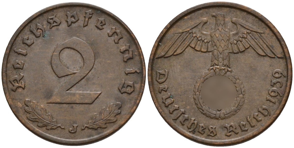 Германия 2 рейхспфеннига 1939 J KM 90, J. 362 бронза 4151-153