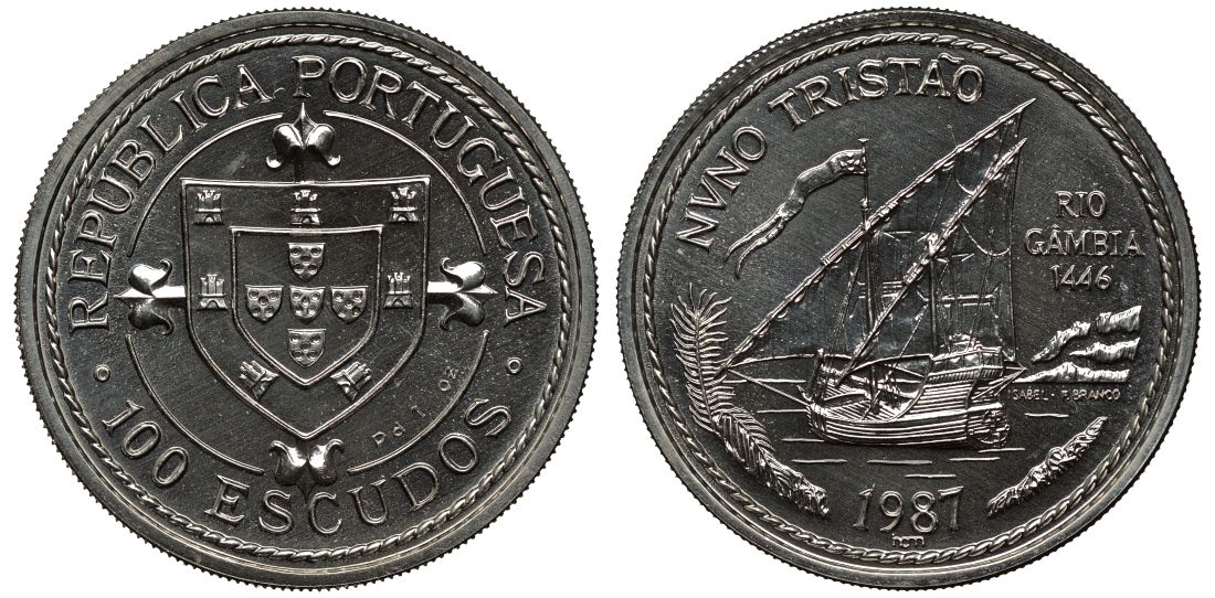Португалия 100 эскудо 1987 Золотой век Португальских открытий, Нуно Тристао, тираж 323 экземпляра Fr-159a, KM 640c палладий UNC 10-020-35