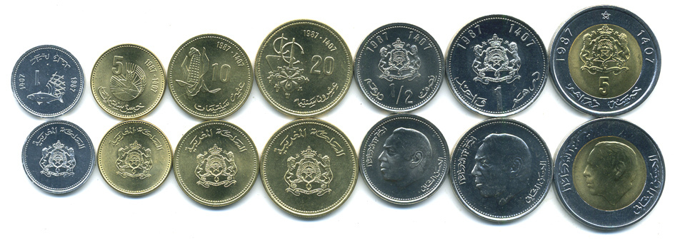Марокко лот из 7 монет 1987 (1, 5, 10, 20 сантимов, 1/2, 1, 5 дирхамов) UNC M79-02