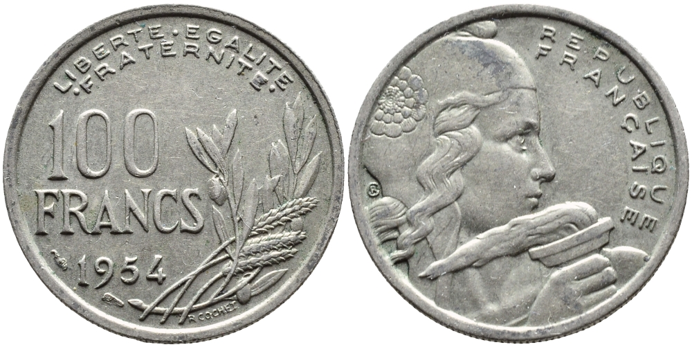 ФРАНЦИЯ 100 ФРАНКОВ 1954 KM 919.1, LE FRANC 450.2 медно-никель 4393-1212