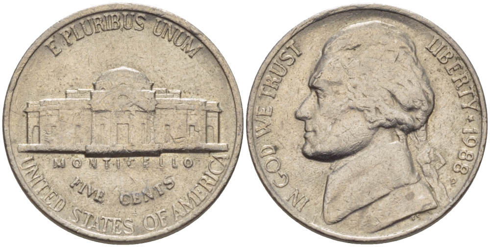 США 5 ЦЕНТОВ 1988 Р, ДЖЕФФЕРСОН KM А192 медно-никель 31-652