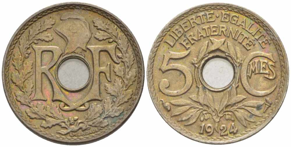 ФРАНЦИЯ 5 САНТИМОВ 1924 ТИП ЛИНДАЙЁ KM 875, LE FRANC 122.8 медно-никель 4379-319