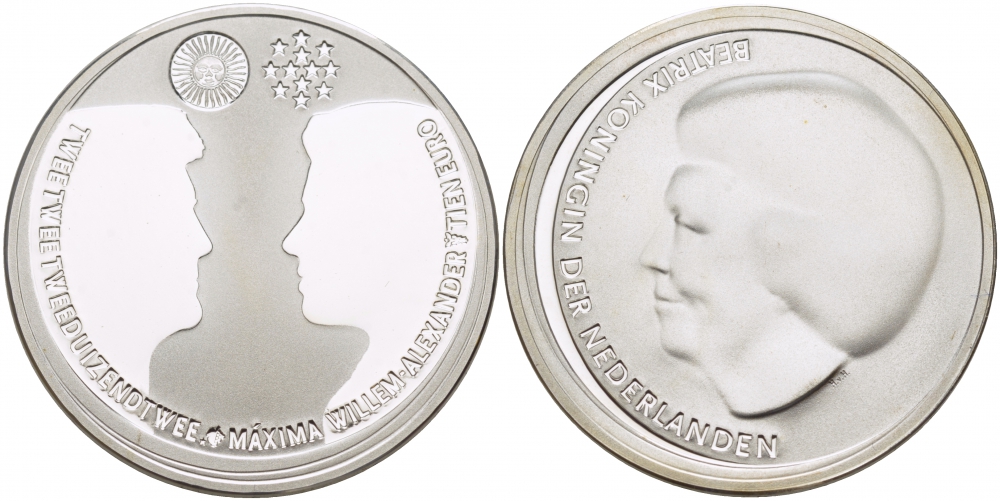 Нидерланды 10 евро 2002 королевская свадьба Виллема-Александра и принцессы Максимы KM 243 серебро PROOF 1087-4-34