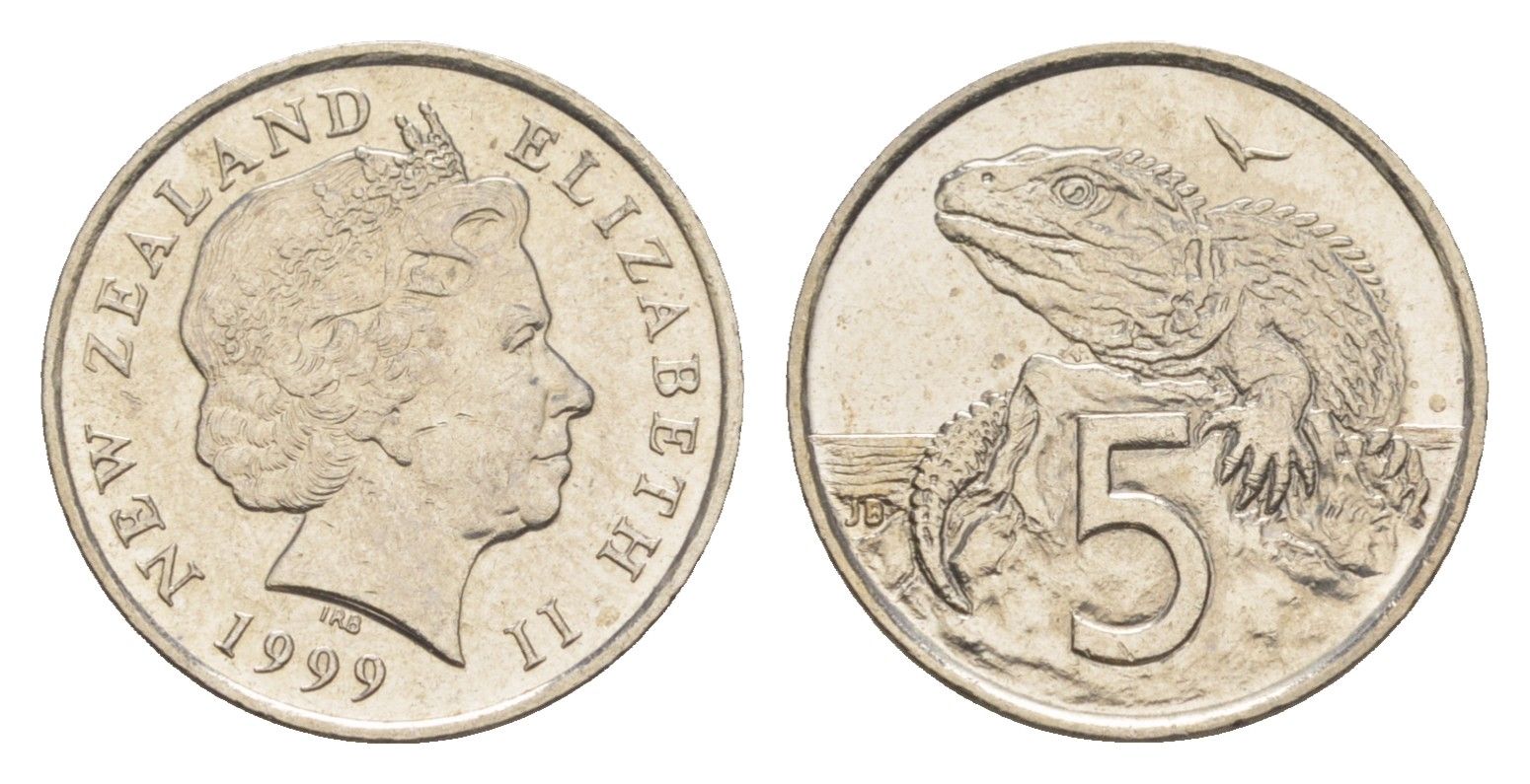 Новая Зеландия 5 центов 1999 Елизавета II (1952-2022), ящерица гаттерия KM 116 медно-никель UNC 4651-226