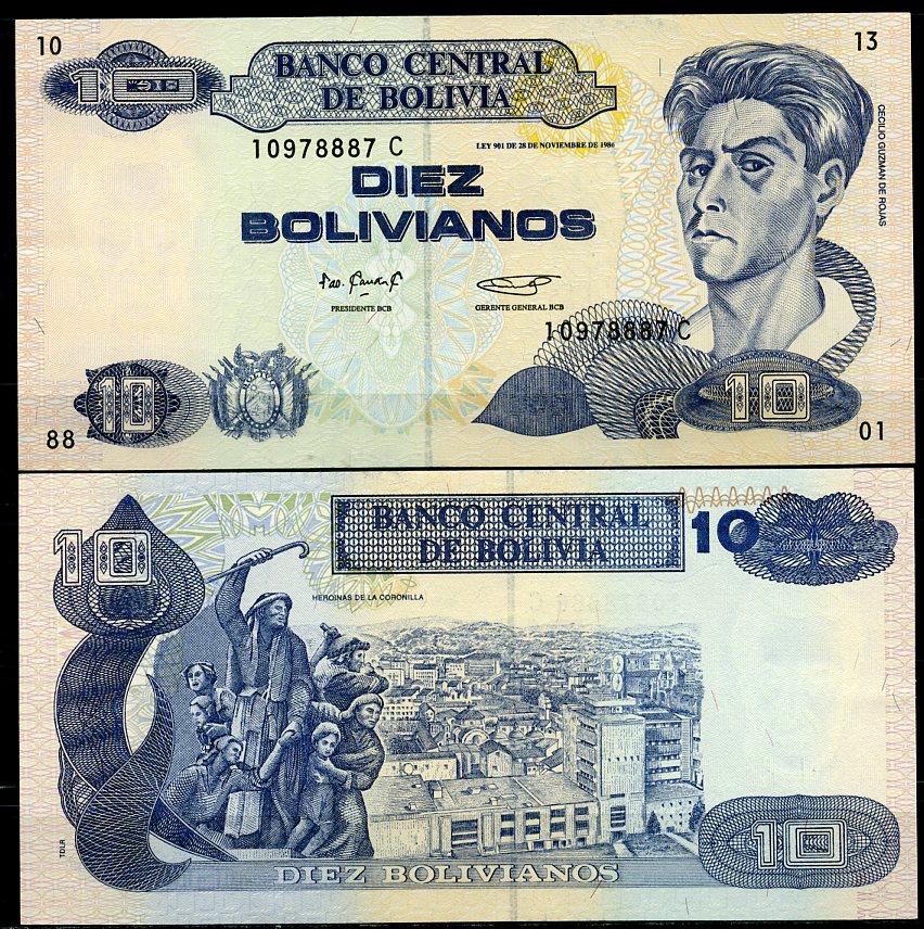 Боливия 10 боливиано 1986 (1995) серия C, Сесилио Гусман де Рохас, TDLR Pick 216 a  бумага  UNC (пресс) 451-778-1