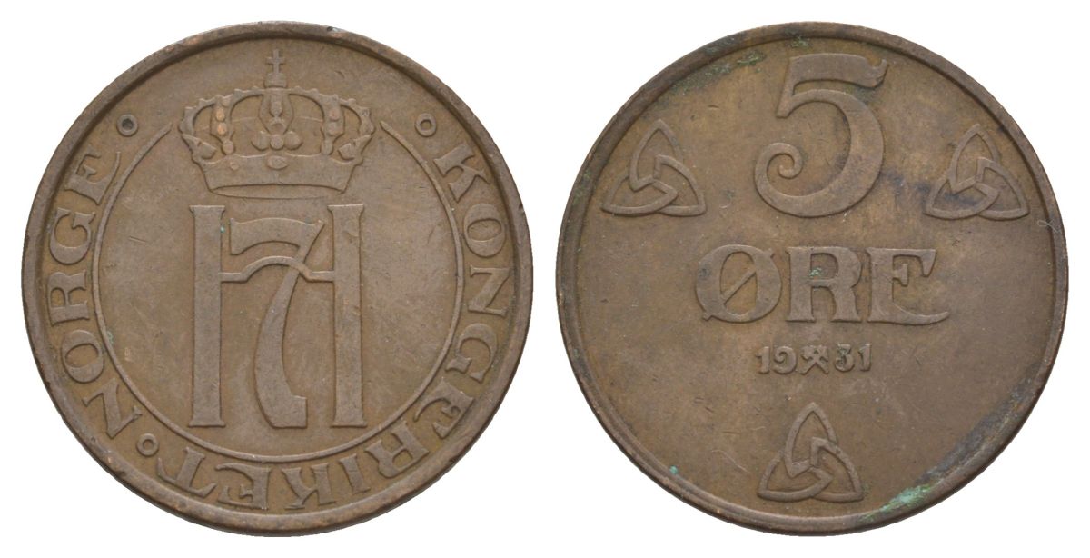 Норвегия 5 эре 1931 Хокон VII (1905-1957) KM 368 бронза 4635-526