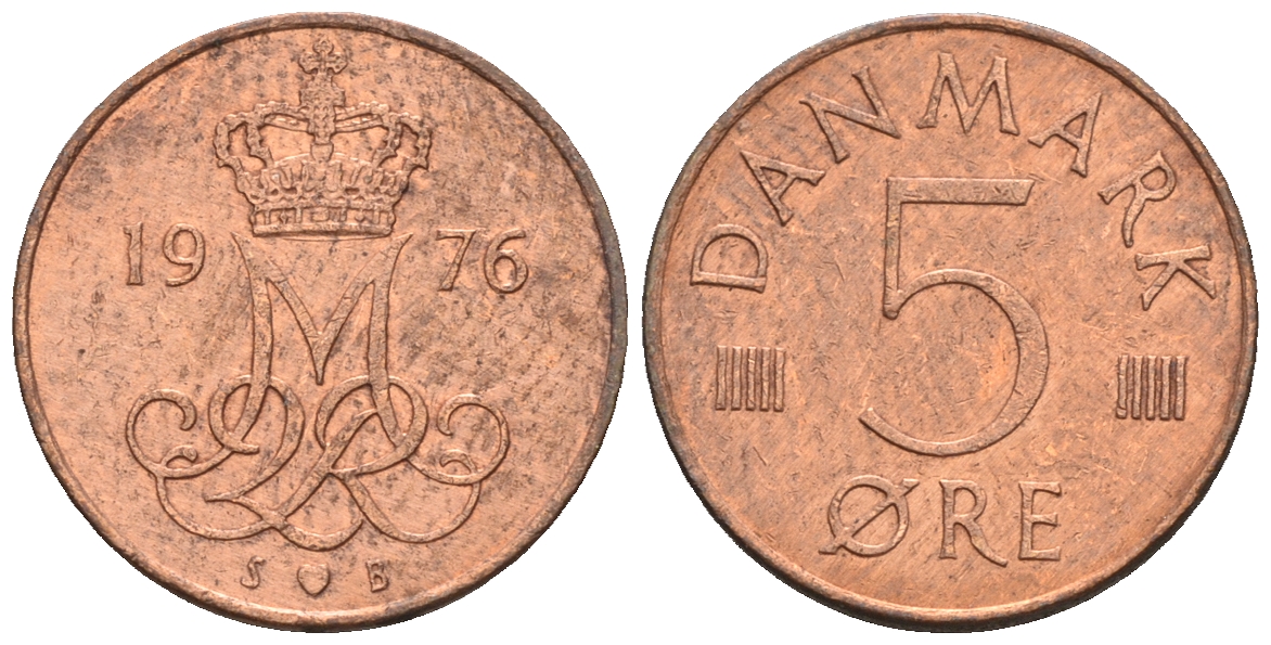 Дания 5 эре 1976 S; B, Маргрете II (1972- ) KM 859.1 железо плакированное медью 54-1052