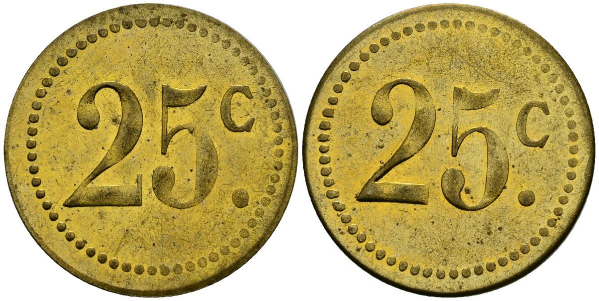 Франция 25†сантимов XIX-XX век ресторанный жетон латунь 4166-1122