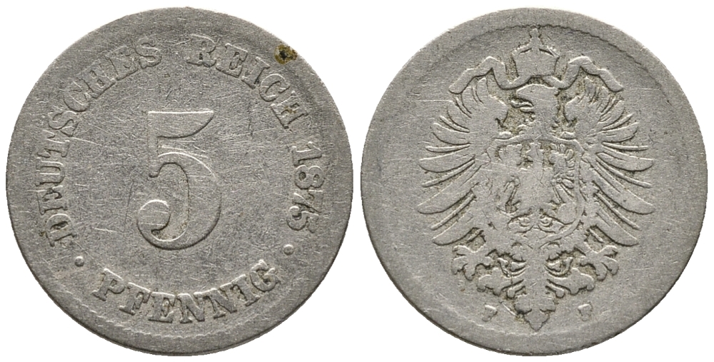 ГЕРМАНИЯ 5 ПФЕННИГОВ 1875 F, СТАРОГЕРБОВКА KM 3, J. 3 медно-никель 39-329