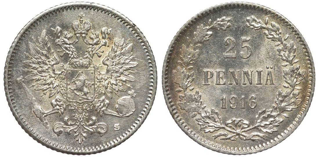 Россия для Финляндии 25 пенни 1916 S, Николай II (1894-1917) KM 6.2, Биткин 421 серебро 75-1237