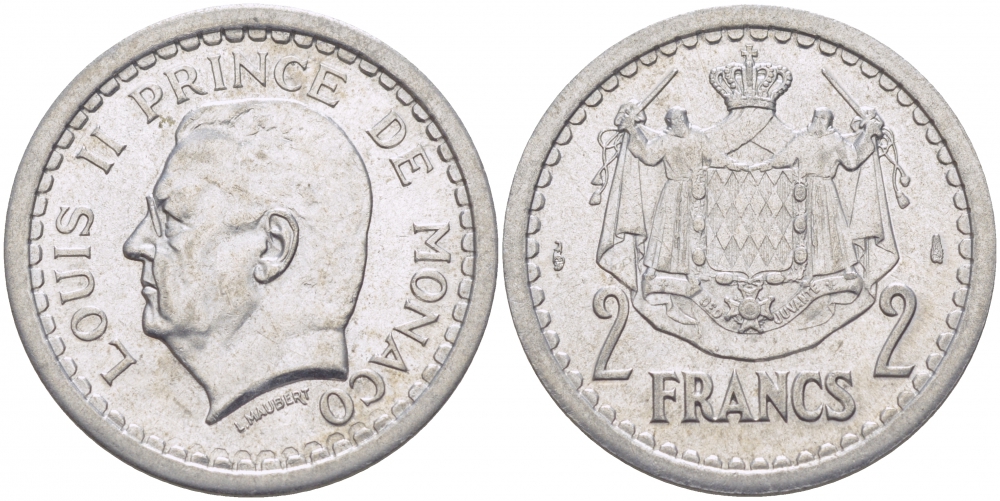 Монако 2 франка 1943 Луи II (1922-1949) KM 121 алюминий UNC 3457-534