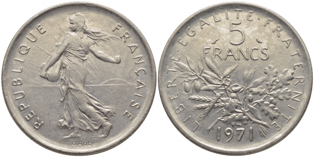 Франция 5 франков 1971 сеятель KM 926a.1, Le Franc 341.3 медно-никель плакированный никелем 109-745